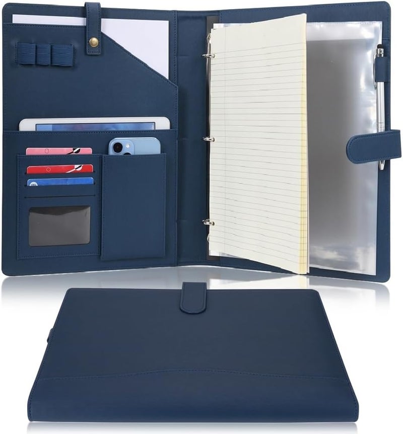WONDERPOOL A4 PU Leather Portfolio Holder Ring File Document Case with Removable Binder Clipboard, Multi Pocket and Legal Pad for Business Organizer Interview and Meeting (Dark Blue) - Image 1
